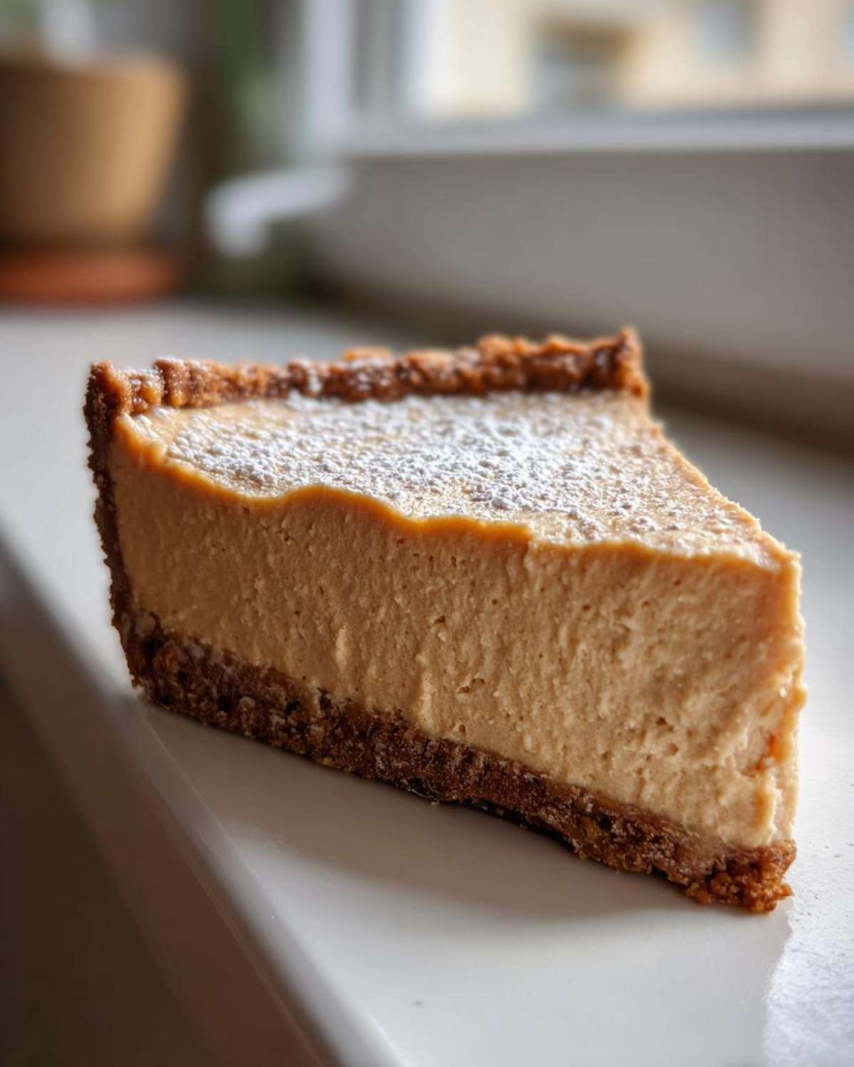 A close-up slice of creamy peanut butter pie with a graham cracker crust dusted with powdered sugar.