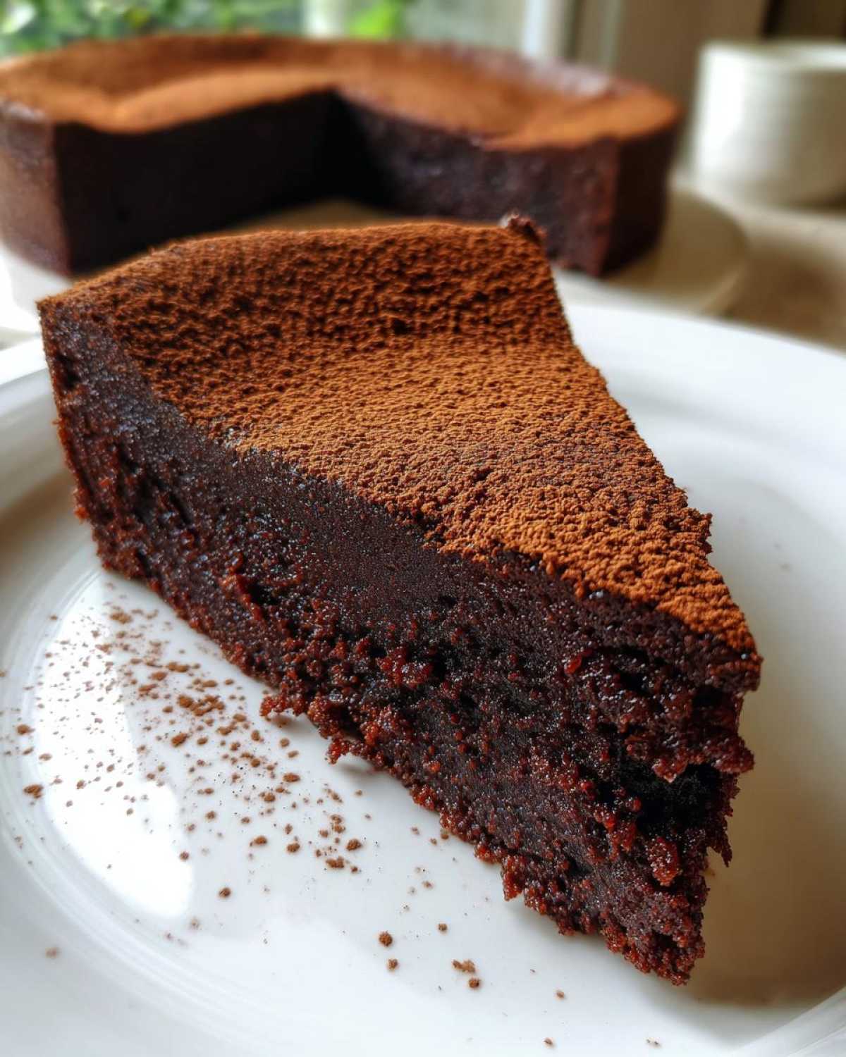 A decadent slice of flourless chocolate torte, dusted heavily with cocoa powder, sits on a white plate.
