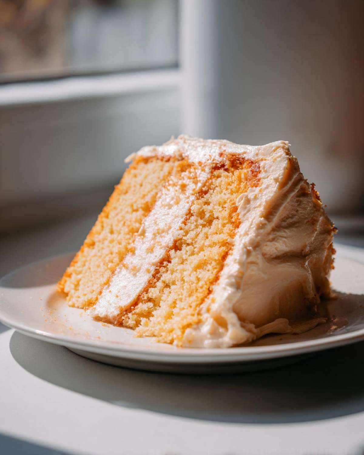 A thick slice of layered Creamsicle Cake with orange-tinted layers and creamy white frosting, sitting on a white plate.