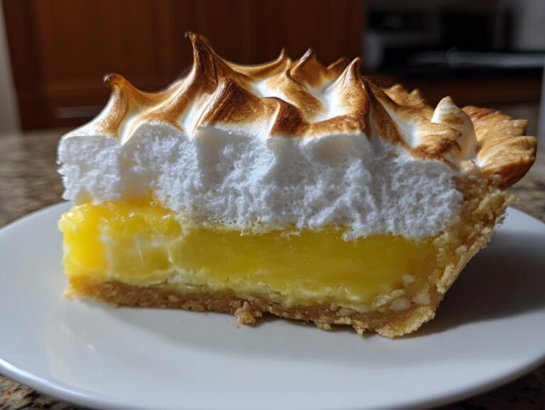 A thick slice of lemon meringue pie showing layers of crust, bright yellow filling, and perfectly toasted meringue peaks.