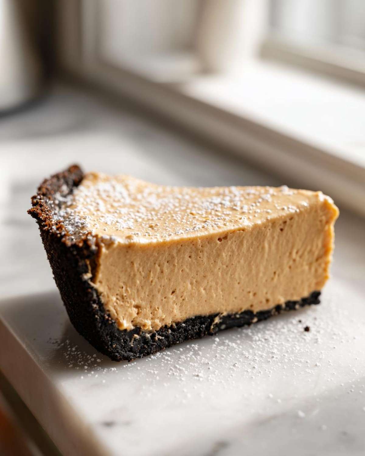 A close-up slice of creamy peanut butter pie with a dark chocolate crust, dusted with powdered sugar.