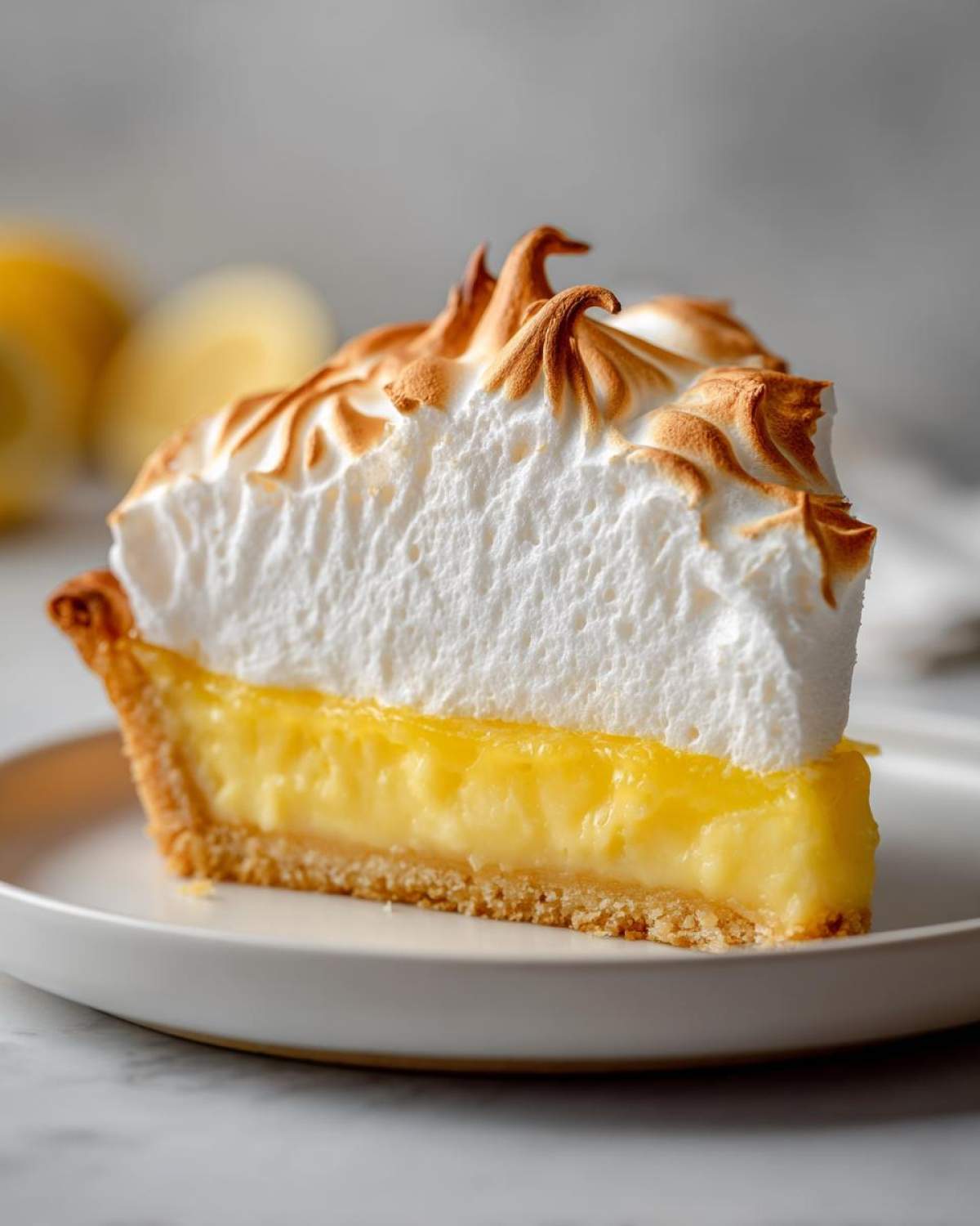 A tall slice of lemon meringue pie showing a thick layer of bright yellow curd and a towering, torched meringue topping.