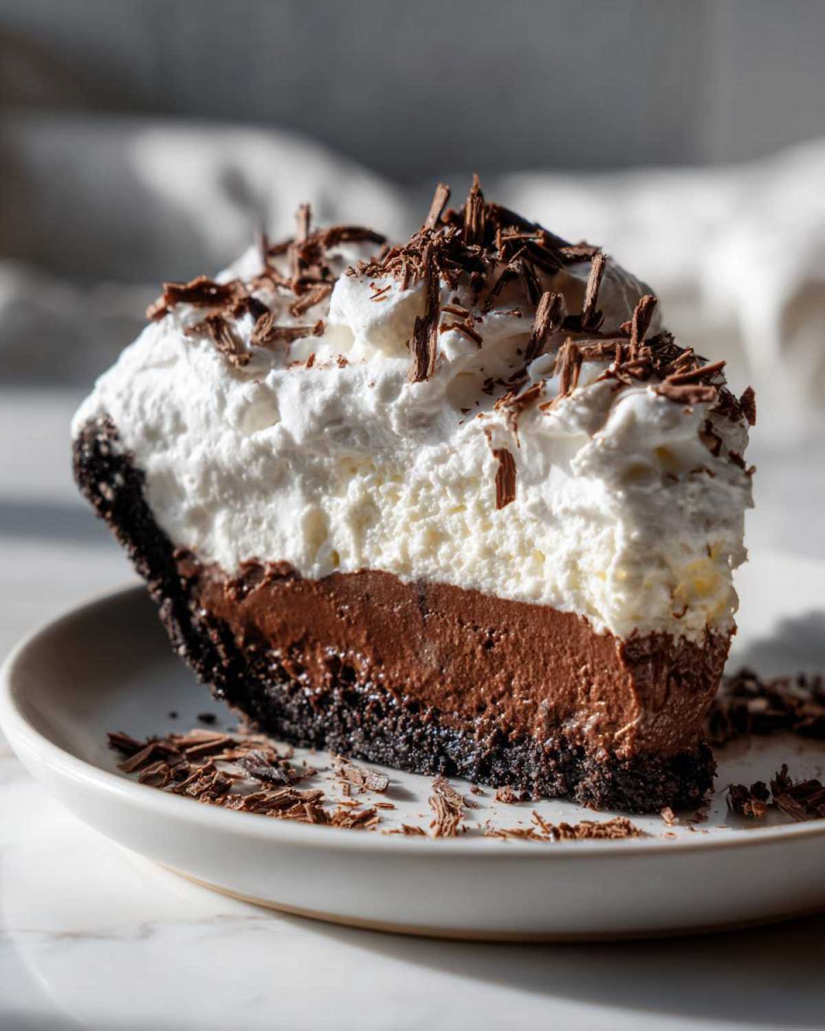 A decadent slice of mud pie showing a dark crust, rich chocolate filling, and thick whipped topping garnished with chocolate shavings.