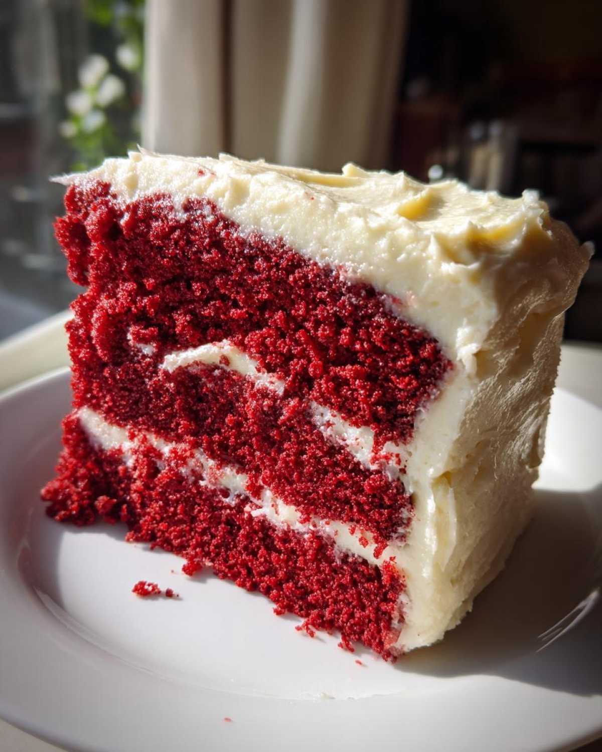 Close-up of a moist slice of red velvet cake layered with thick cream cheese frosting.