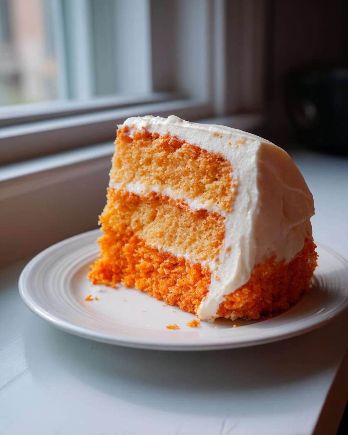 A moist slice of two-layer Creamsicle Cake featuring vibrant orange layers and thick white frosting.