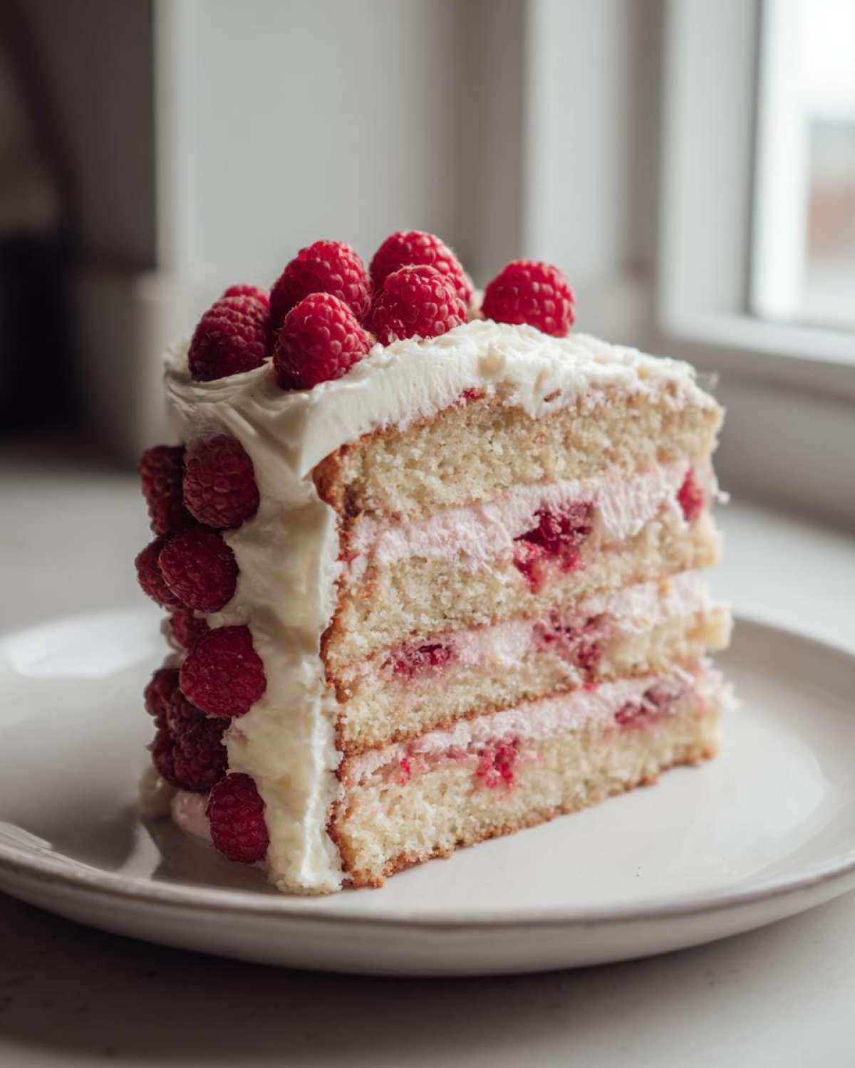 A tall slice of layered cake with white frosting and fresh raspberries, resembling a rose cake.
