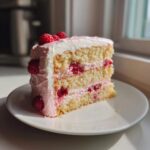A delicious slice of layered rose cake filled with raspberries and covered in pink and white frosting.