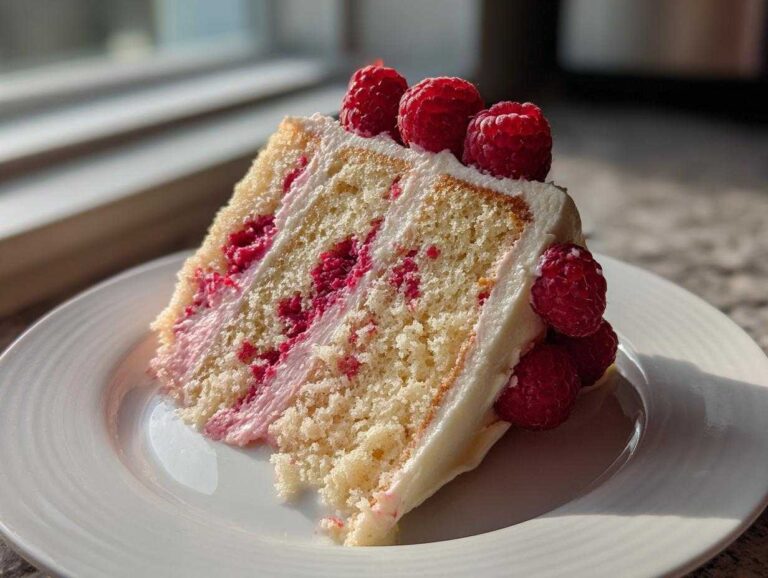 A beautiful slice of layered rose cake filled with raspberry jam and topped with fresh raspberries and white frosting.