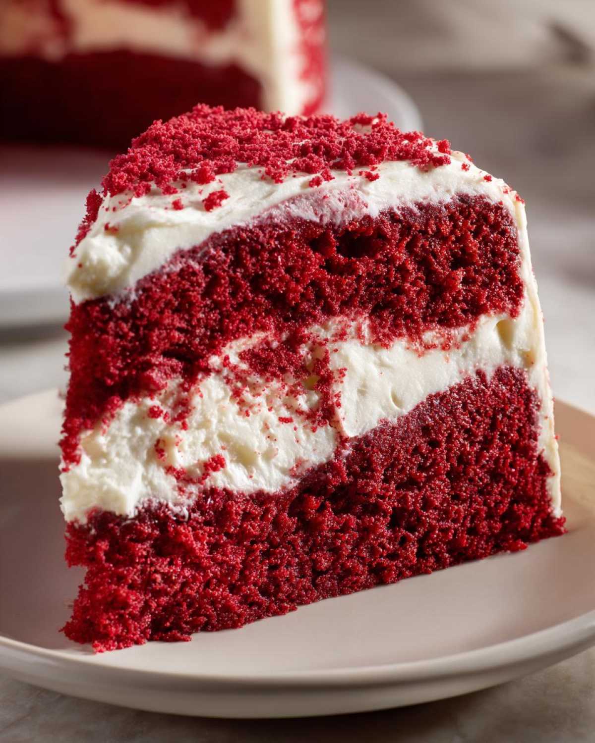 Close-up of a moist slice of red velvet poke cake layered with white cream cheese frosting and topped with red crumbs.
