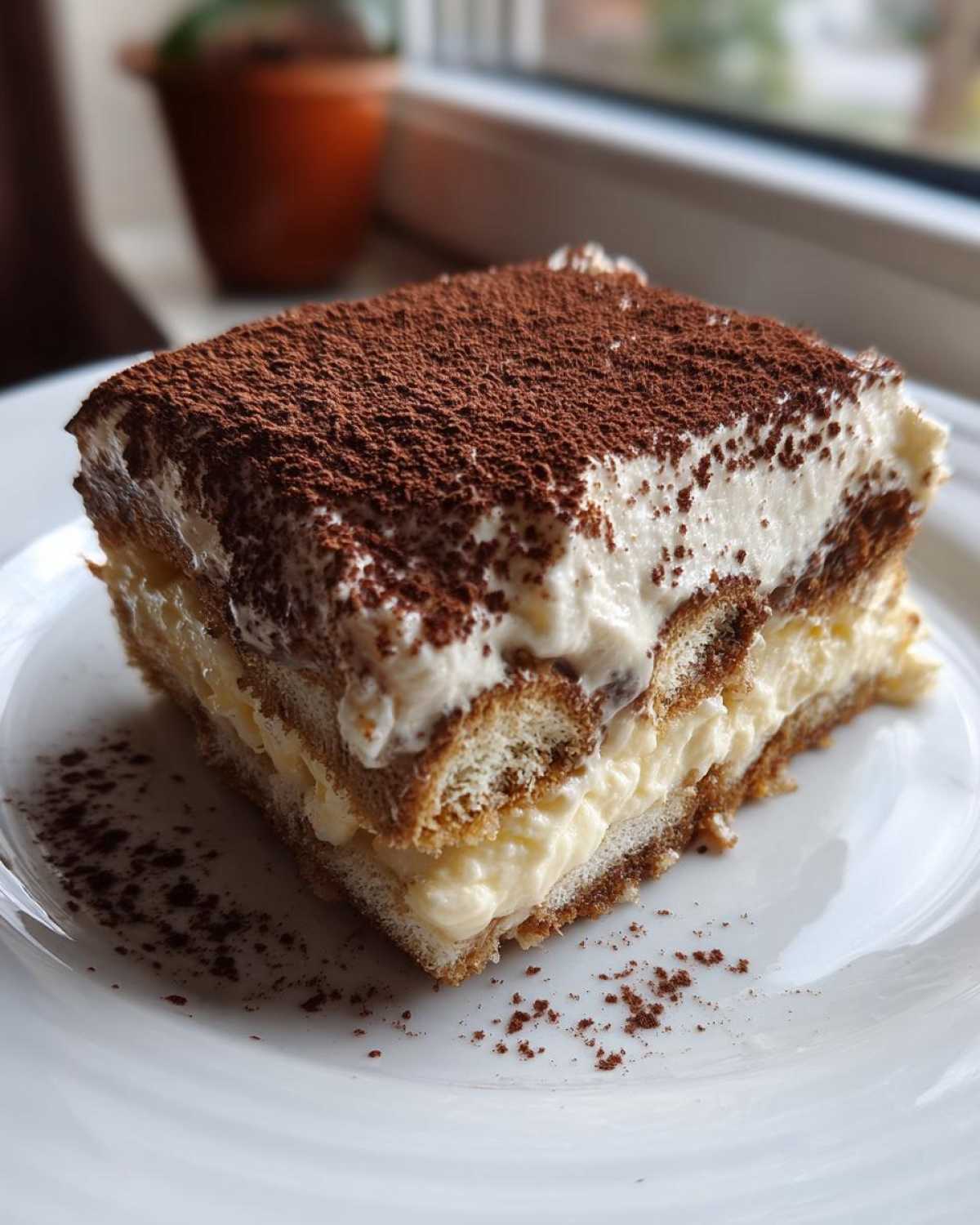 A decadent slice of tiramisu cheesecake layered with cream and dusted heavily with cocoa powder.