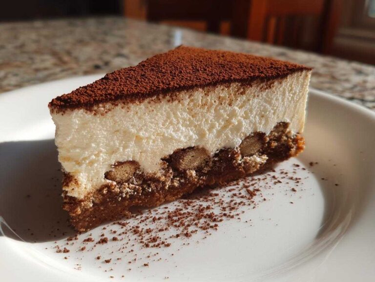 A perfect slice of tiramisu cheesecake showing layers of creamy filling and coffee-soaked ladyfingers, topped with cocoa powder.