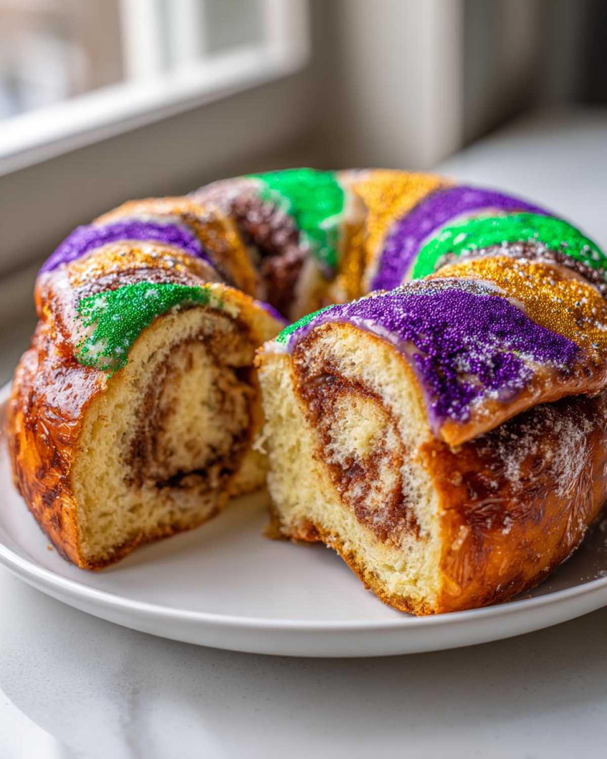 A cross-section view of a homemade king cake showing the cinnamon swirl filling and colorful Mardi Gras icing.