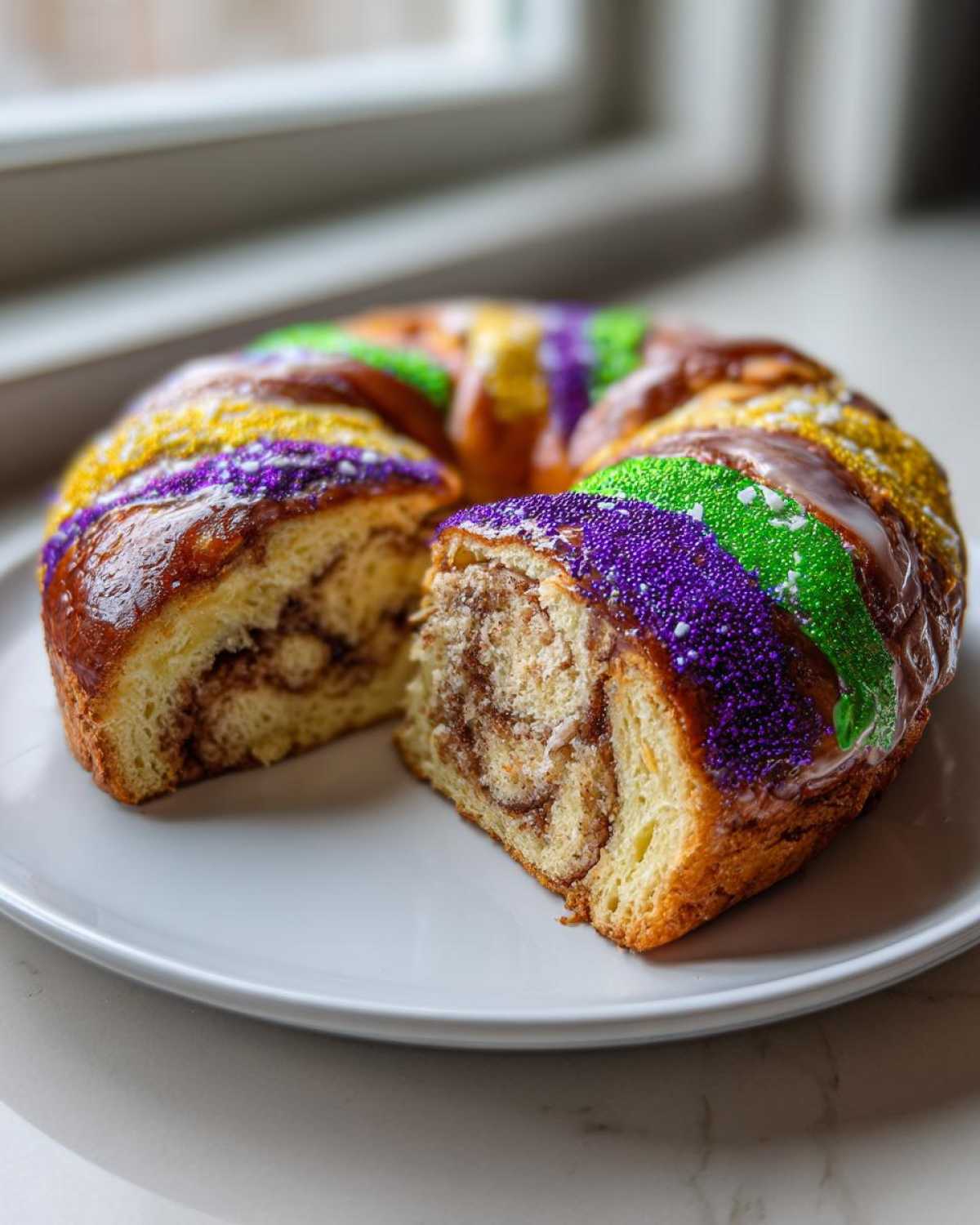 A slice cut from a homemade king cake, showing the cinnamon swirl interior and colorful Mardi Gras icing and sprinkles.