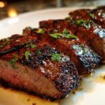 Close-up of sliced steak showing medium-rare center, glazed from the carne asada marinade and topped with cilantro.