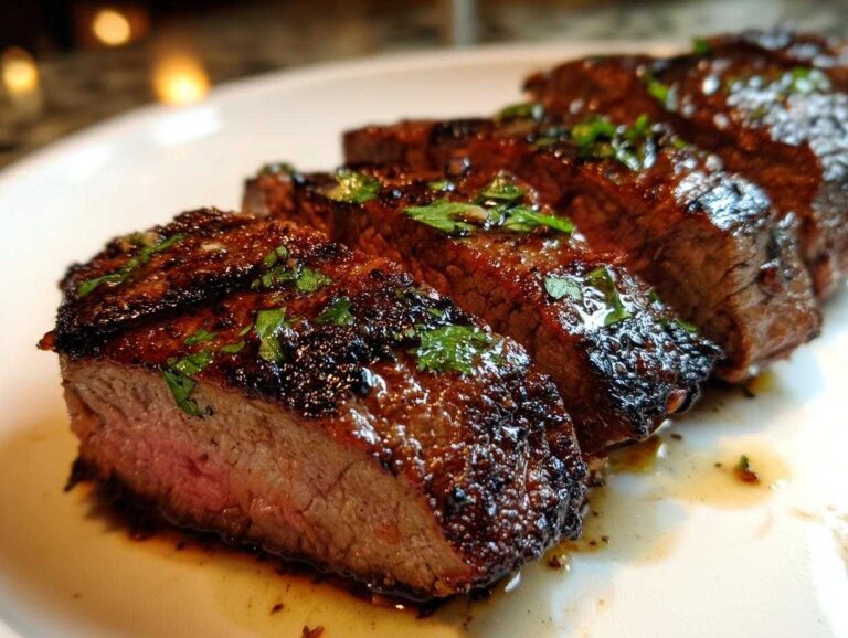 Close-up of sliced steak showing medium-rare center, glazed from the carne asada marinade and topped with cilantro.