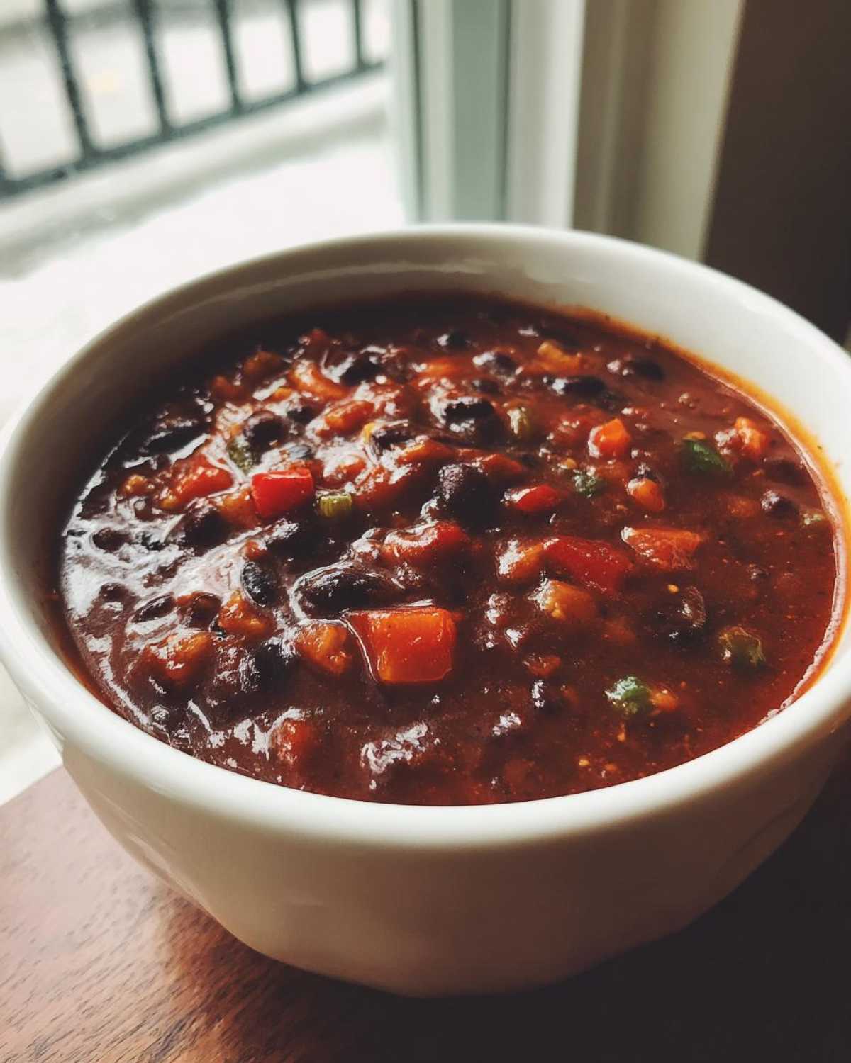 Close-up of a hearty bowl of smoky black bean chili, featuring dark beans and diced red vegetables.