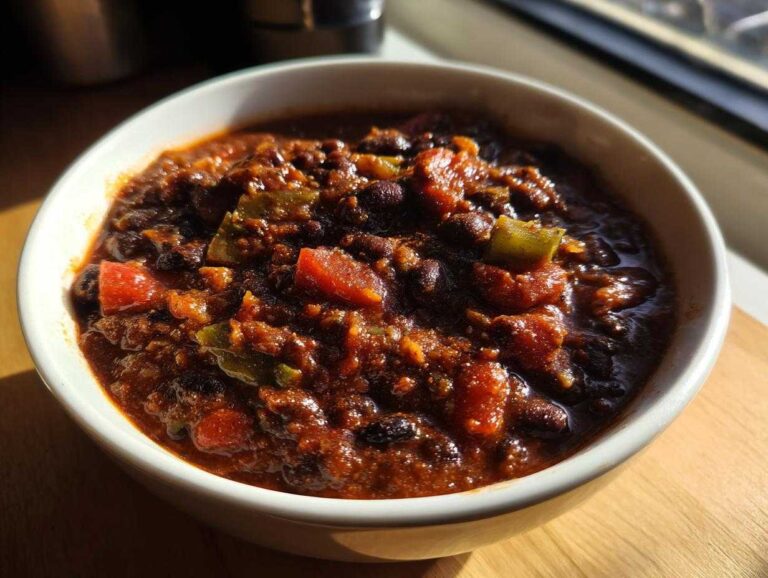 A close-up, sunlit view of a white bowl filled with thick, rich black bean chili containing visible chunks of tomato and green pepper.