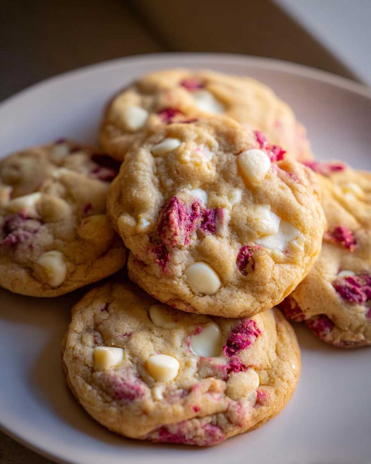 A stack of soft, freshly baked white chocolate raspberry cookies featuring visible white chocolate chips and bright pink raspberry pieces.