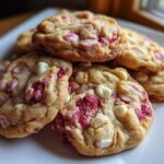 A close-up of several soft white chocolate raspberry cookies piled on a white plate near a window.