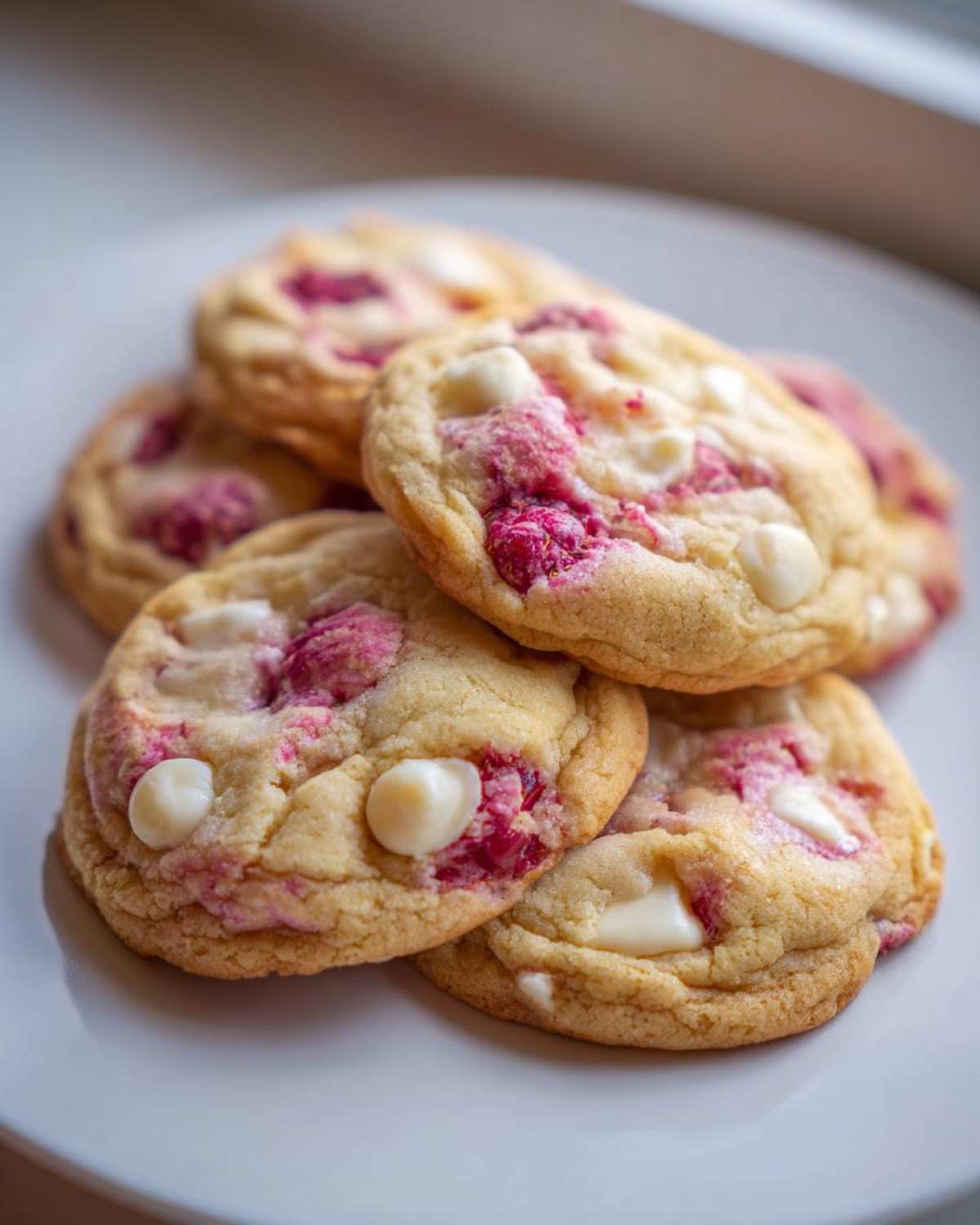 A stack of soft white chocolate raspberry cookies featuring bright pink raspberry swirls and white chocolate chips.