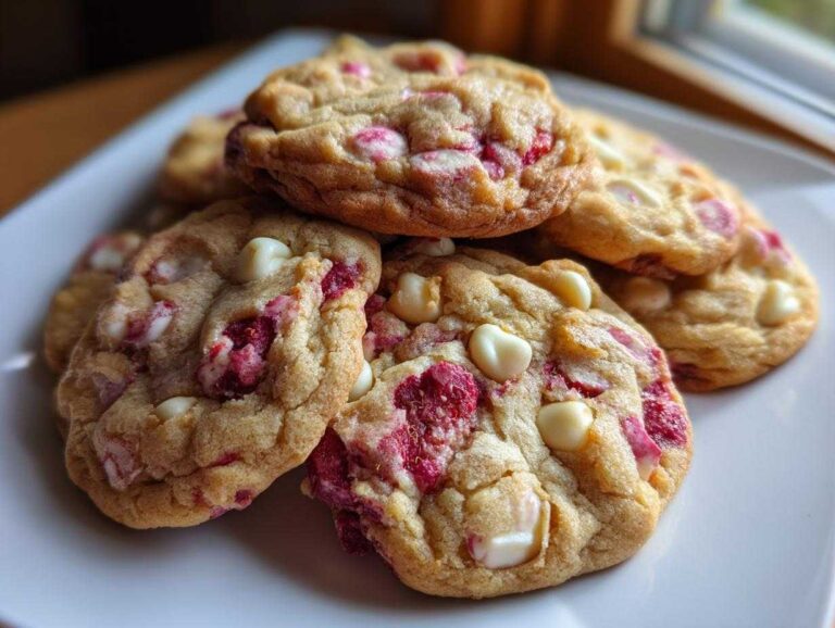 A close-up of several soft white chocolate raspberry cookies piled on a white plate near a window.