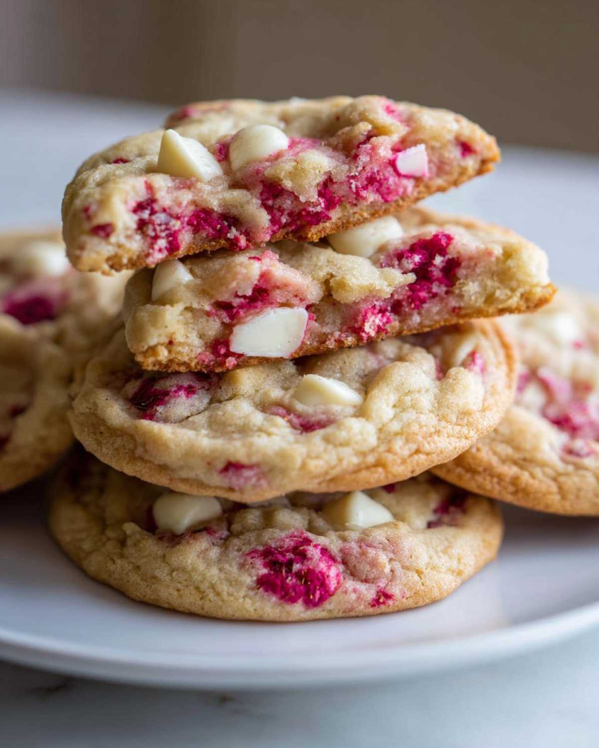 Stack of soft white chocolate raspberry cookies, showing the gooey center with pink raspberry bits and white chocolate chips.
