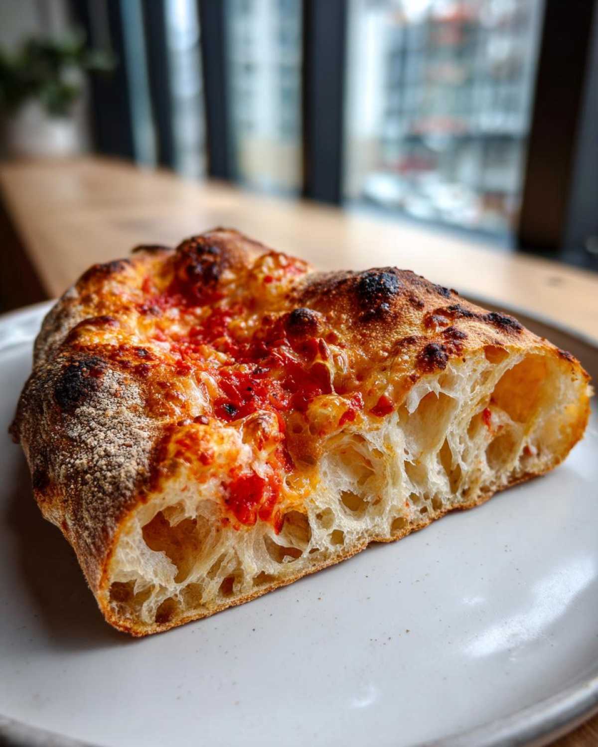 Close-up of a slice of pizza showing the airy, open crumb structure made from sourdough discard pizza dough.