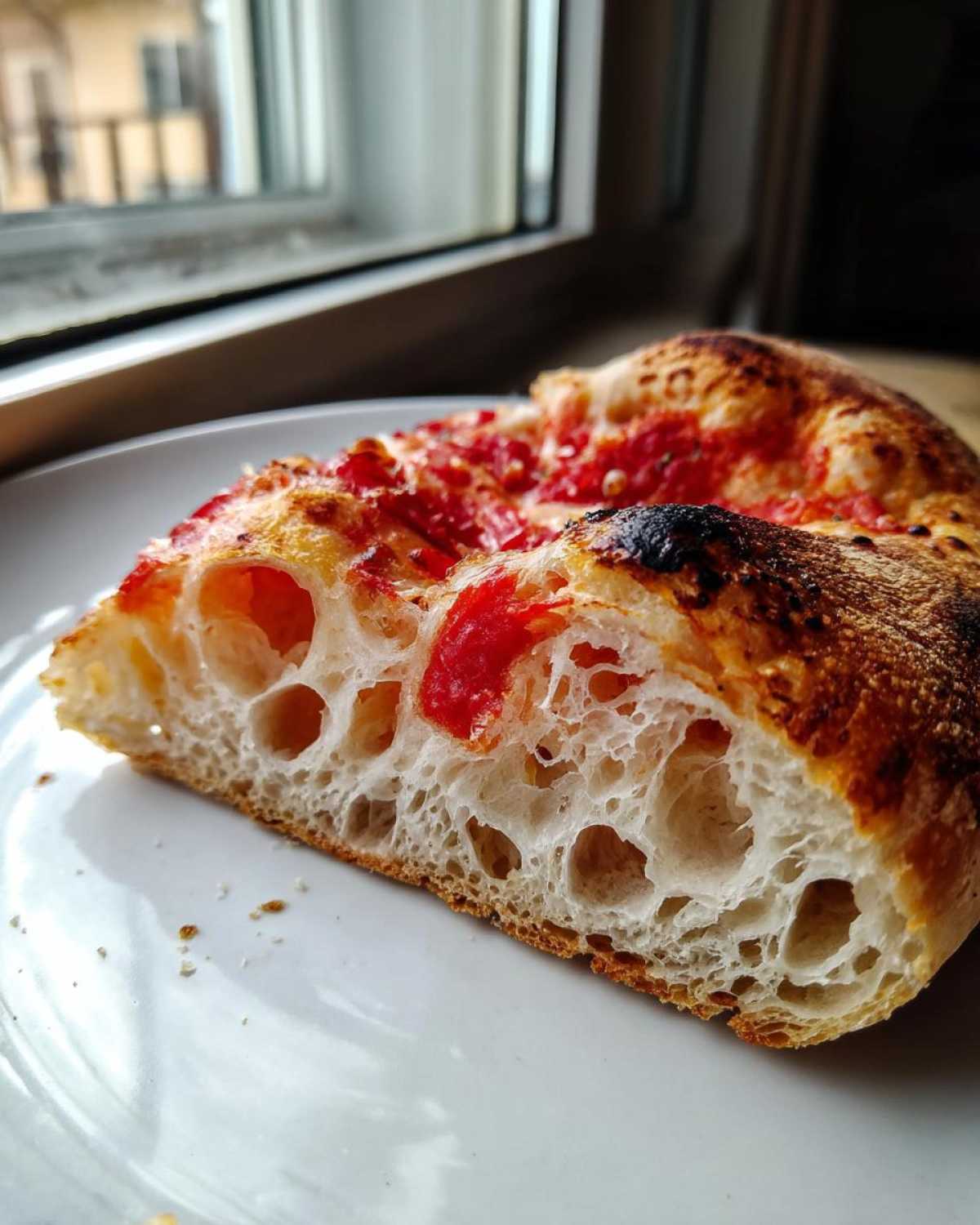 Close-up of a slice of pizza showing the airy, open crumb structure achieved with sourdough discard pizza dough.