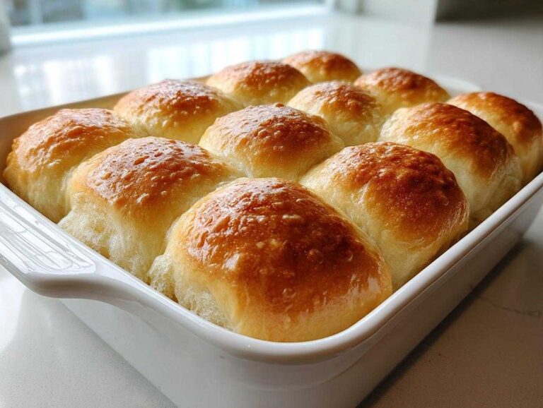 Twelve golden brown sourdough discard rolls baked together in a white ceramic dish.
