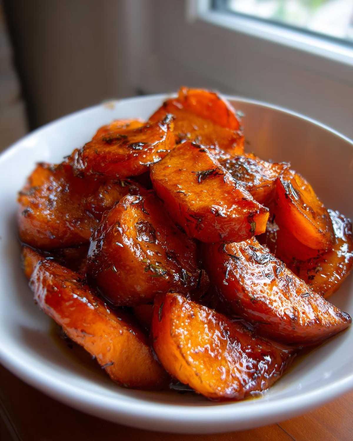 Close-up of glistening, glazed southern candied yams served in a white bowl, showing rich caramel color and herbs.