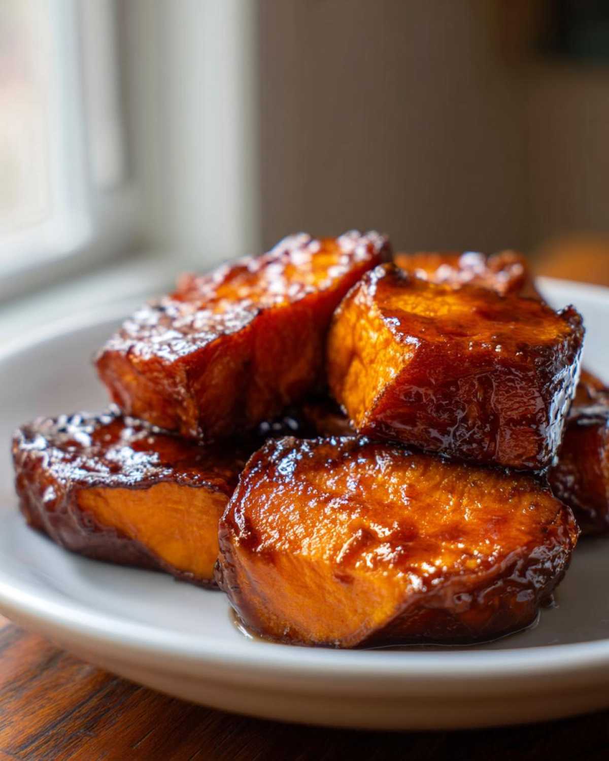 Close-up of thick-cut, glossy southern candied yams stacked on a white plate, glistening with syrup.