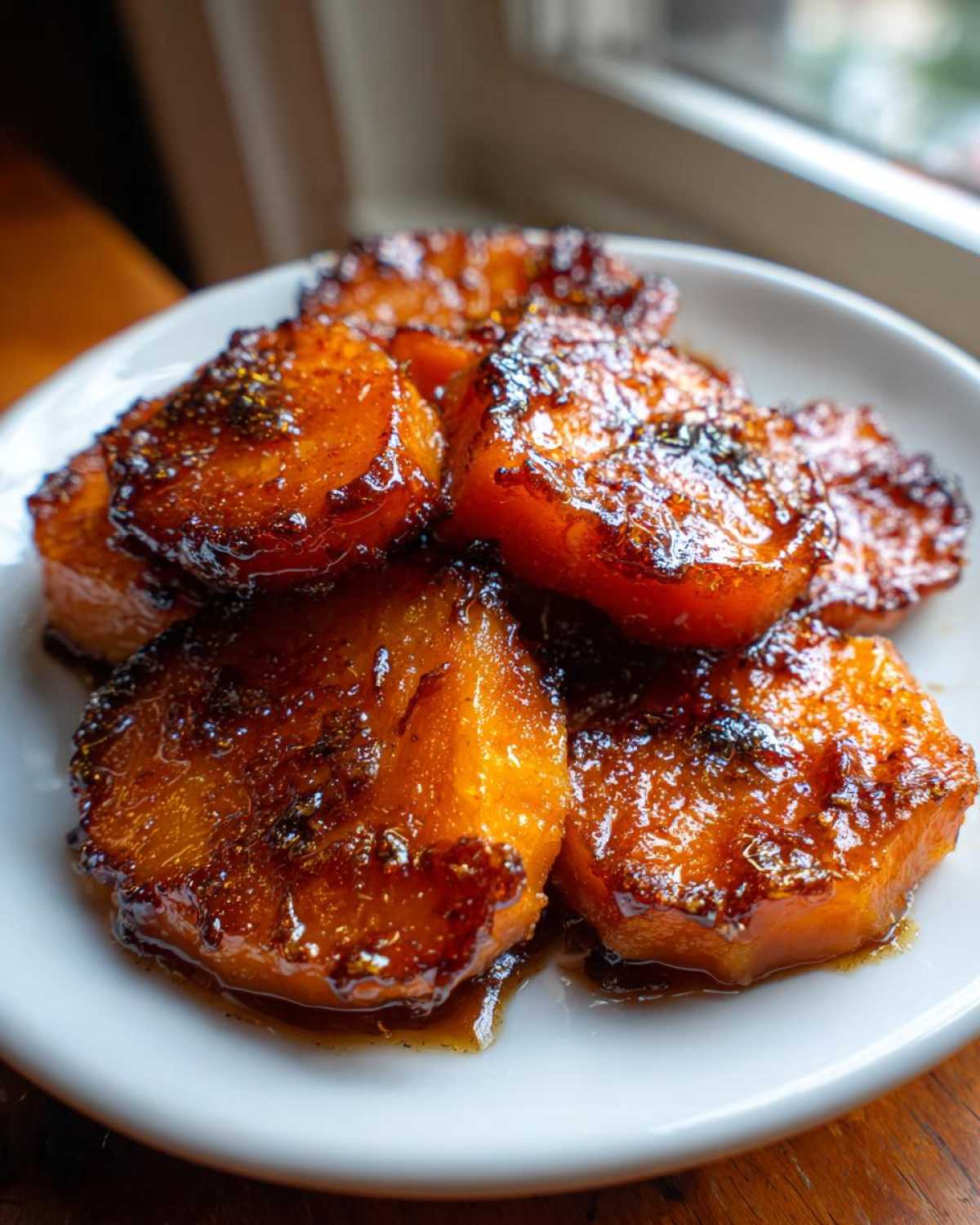 Close-up of several thick-cut, caramelized southern candied yams glistening with sweet brown sugar glaze on a white plate.