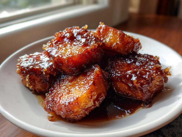 Five pieces of rich, dark brown, glazed southern candied yams piled on a white plate.