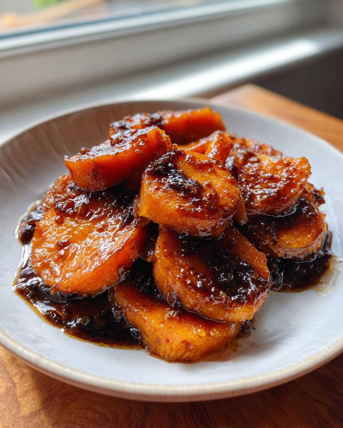 A serving of rich, dark glazed southern candied yams piled high on a small white plate.