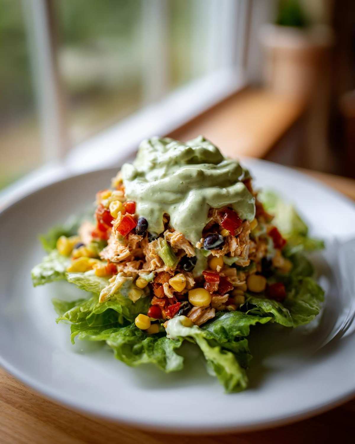 A mound of vibrant southwest chicken salad featuring chicken, corn, black beans, and peppers, topped with creamy avocado dressing, served on lettuce.