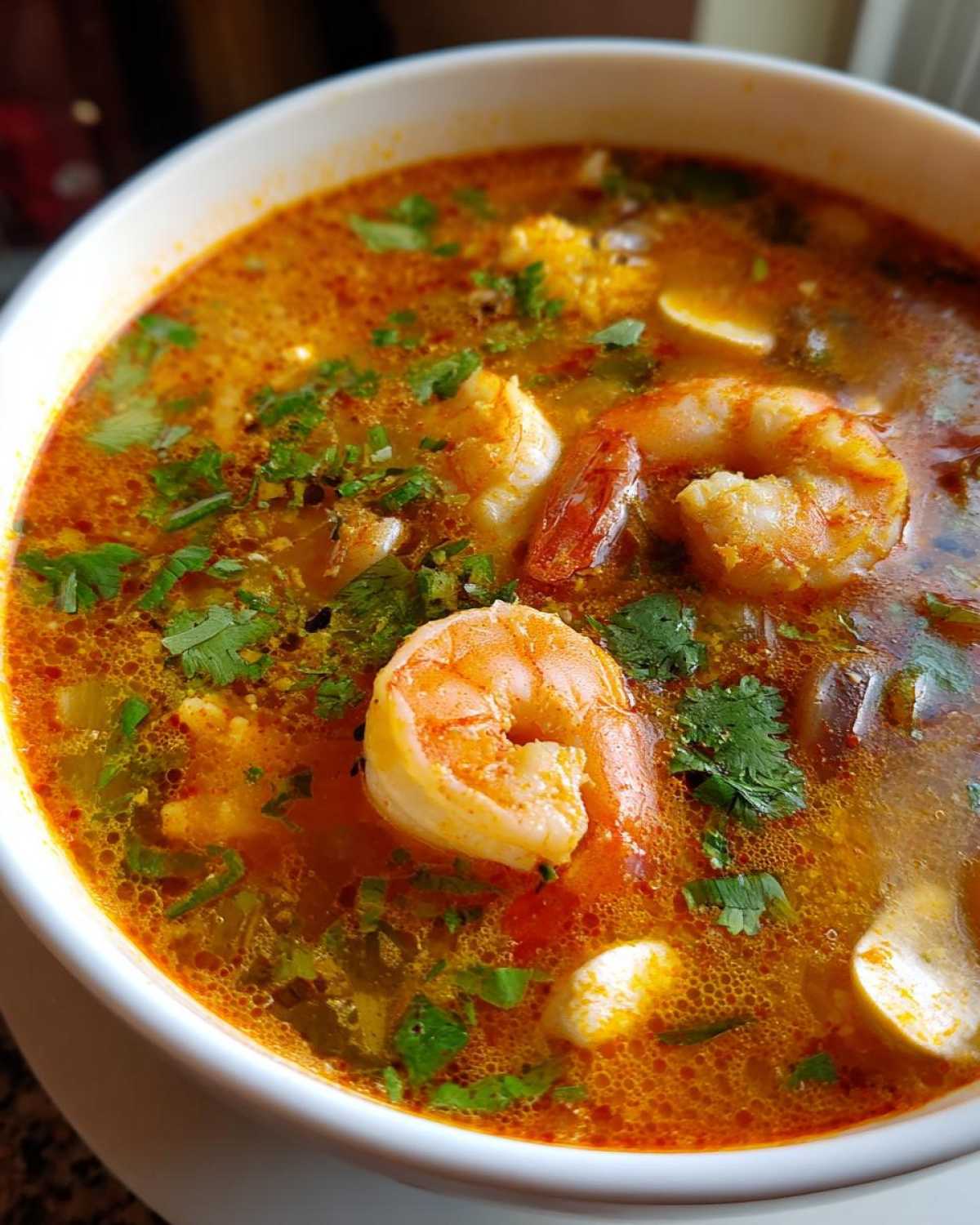 Close-up of a white bowl filled with vibrant, spicy tom yum soup featuring large shrimp and fresh cilantro.