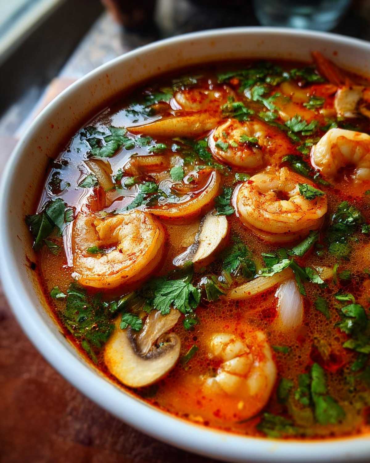 Close-up shot of vibrant, spicy shrimp tom yum soup filled with plump shrimp, sliced mushrooms, and fresh cilantro.