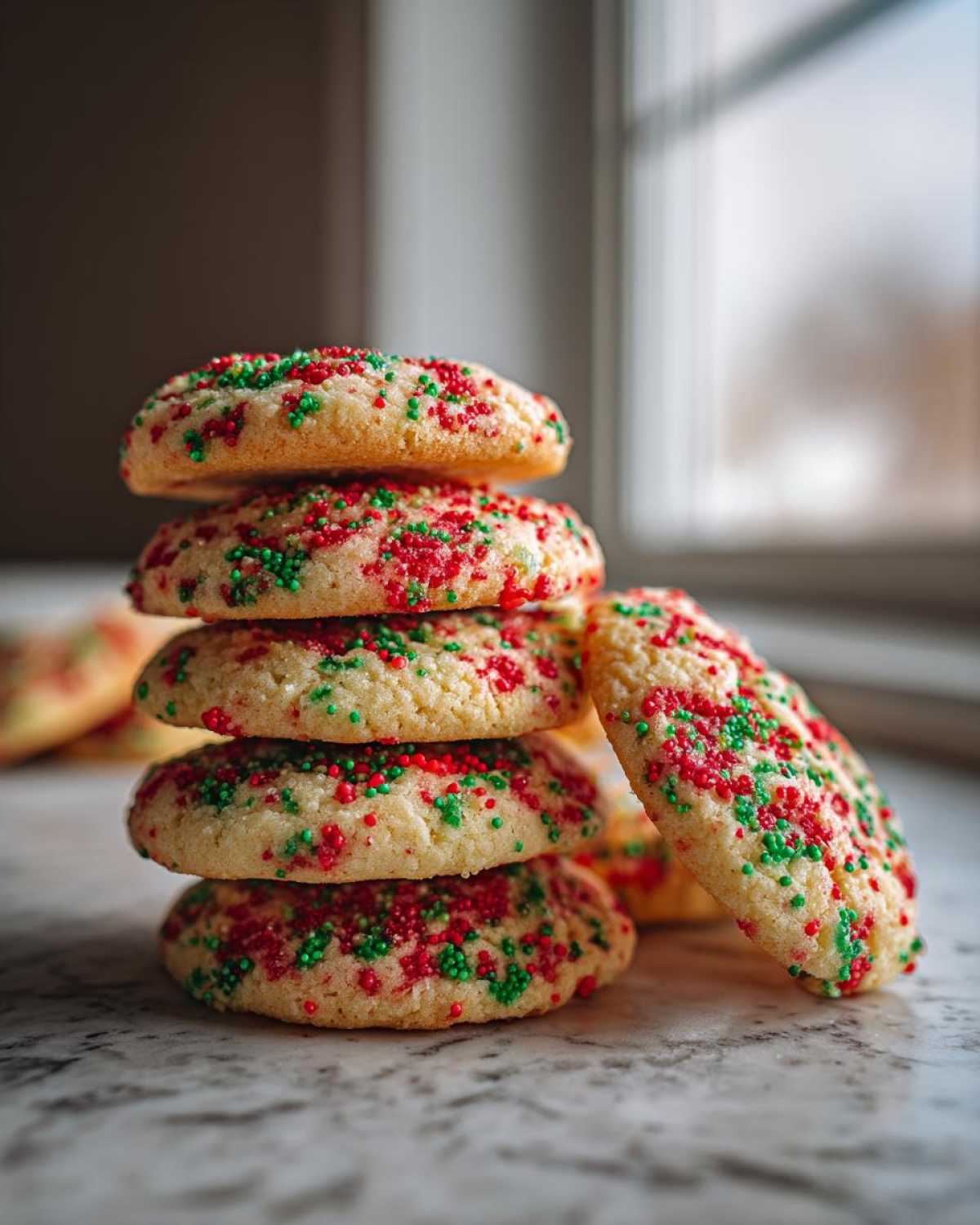 A stack of soft christmas sprinkle sugar cookies topped with red and green nonpareils, set against a bright window background.