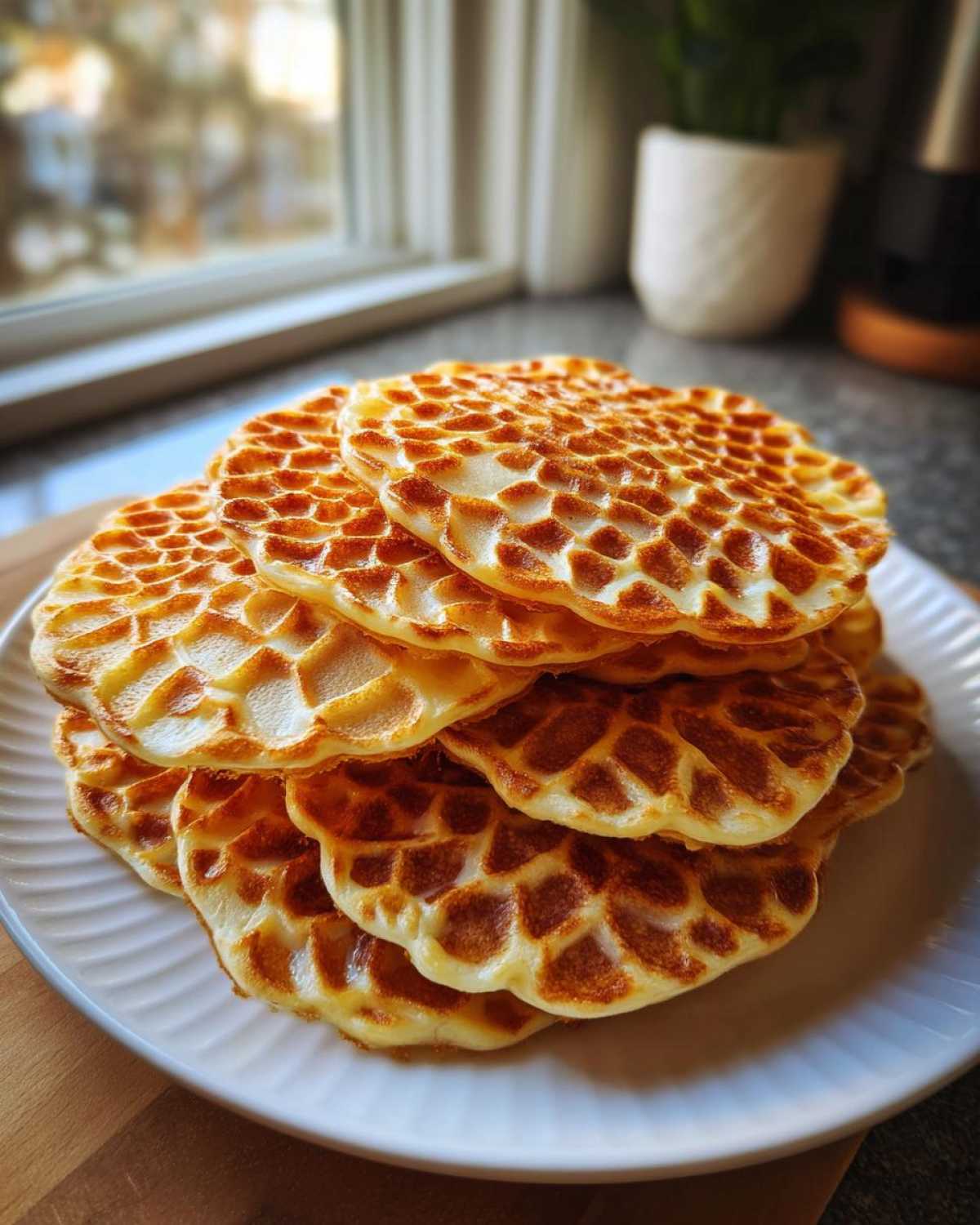 A stack of freshly made, golden brown pizzelle cookies with a distinct honeycomb pattern resting on a white plate.