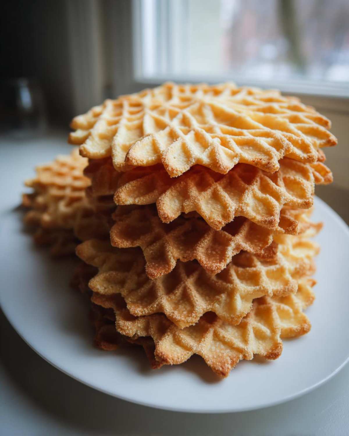 A tall stack of golden brown, crisp pizzelle cookies with a snowflake pattern, resting on a white plate near a window.
