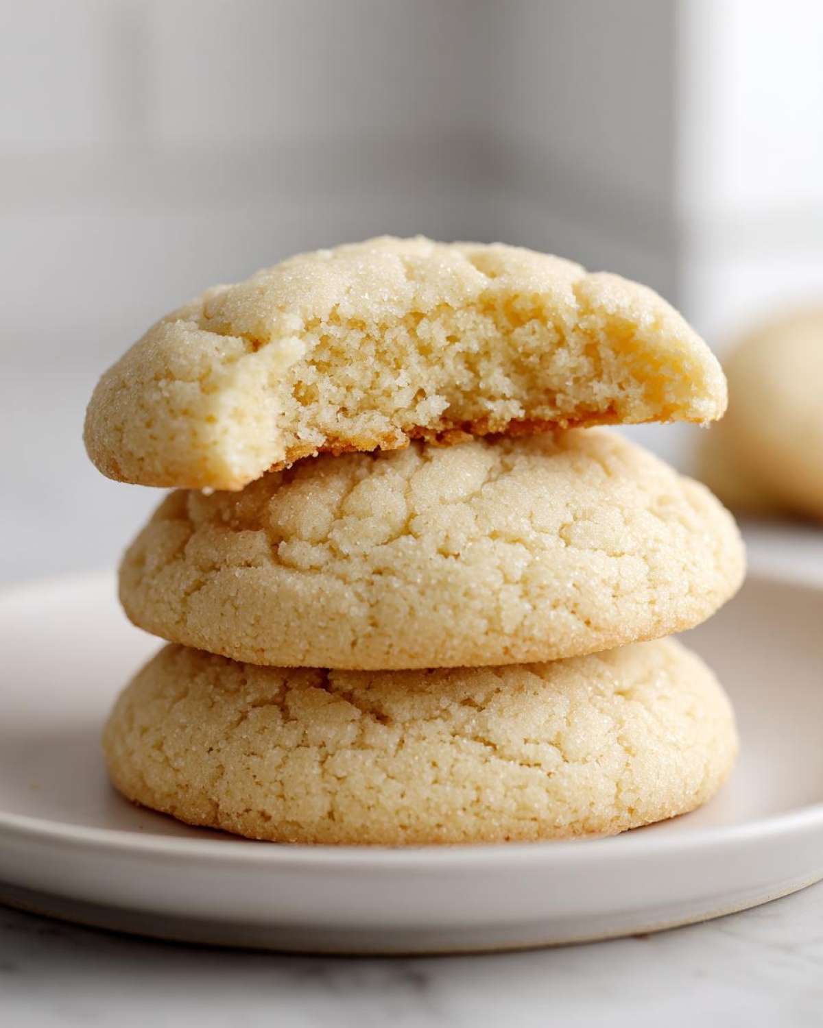 A stack of three soft sugar cookies, with the top one clearly showing a bite taken out, revealing a tender interior.