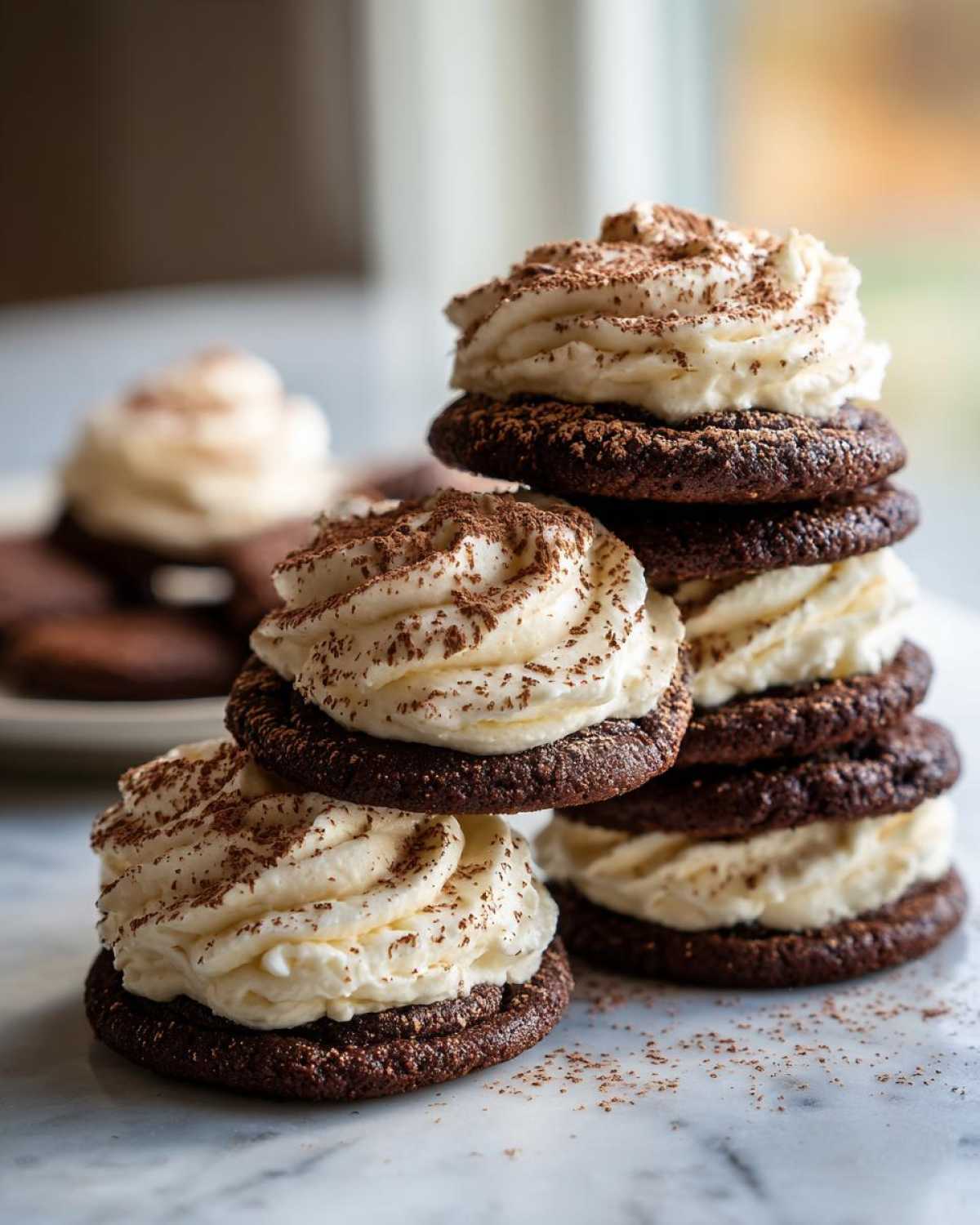 A stack of decadent tiramisu cookies featuring dark chocolate bases and thick swirls of cream filling dusted with cocoa powder.
