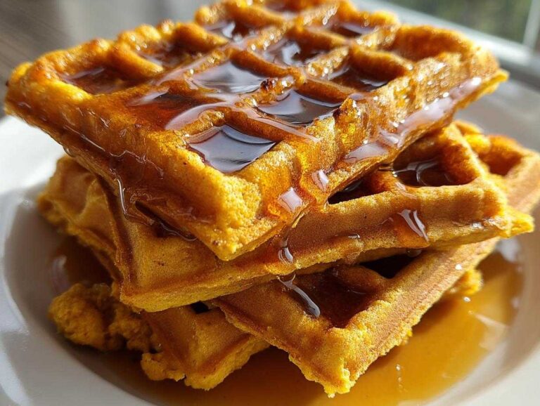 Close-up of a stack of golden brown pumpkin waffles generously drizzled with maple syrup.