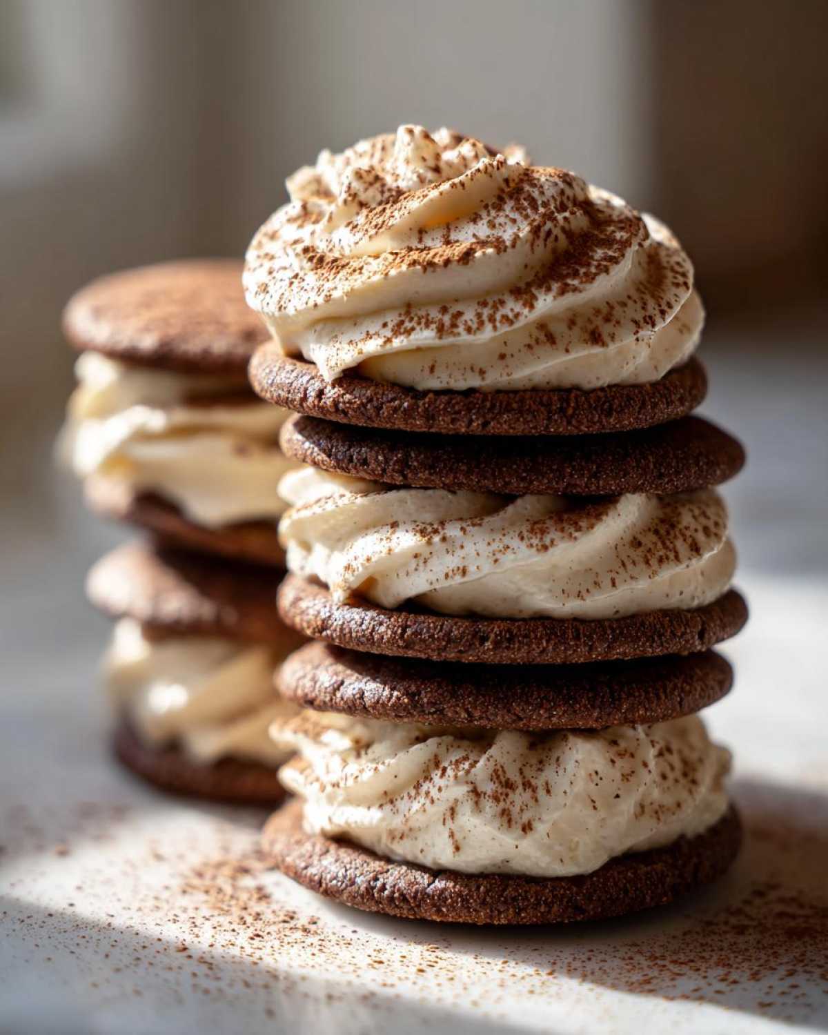 A close-up stack of three decadent tiramisu cookies filled with piped cream and dusted with cocoa powder.