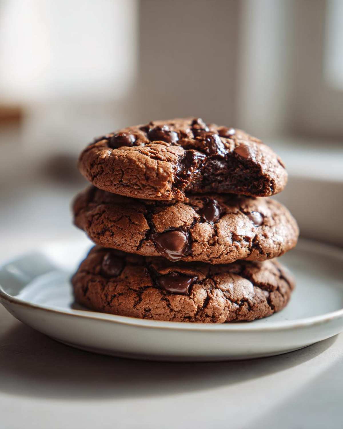 Three rich, dark chocolate vegan chocolate chip cookies stacked on a plate, the top one is bitten.