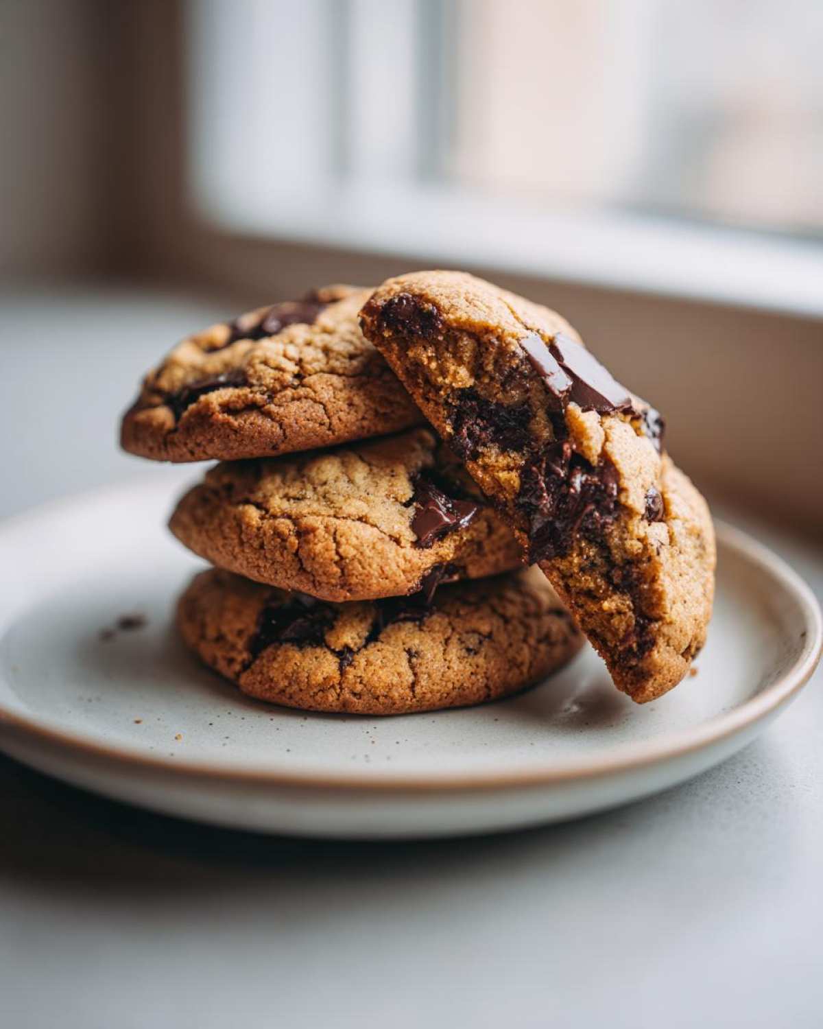 A stack of three soft vegan chocolate chip cookies, with the top one broken open revealing melted chocolate chips.