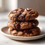 Three stacked, rich brown vegan chocolate chip cookies with melted chocolate chunks.