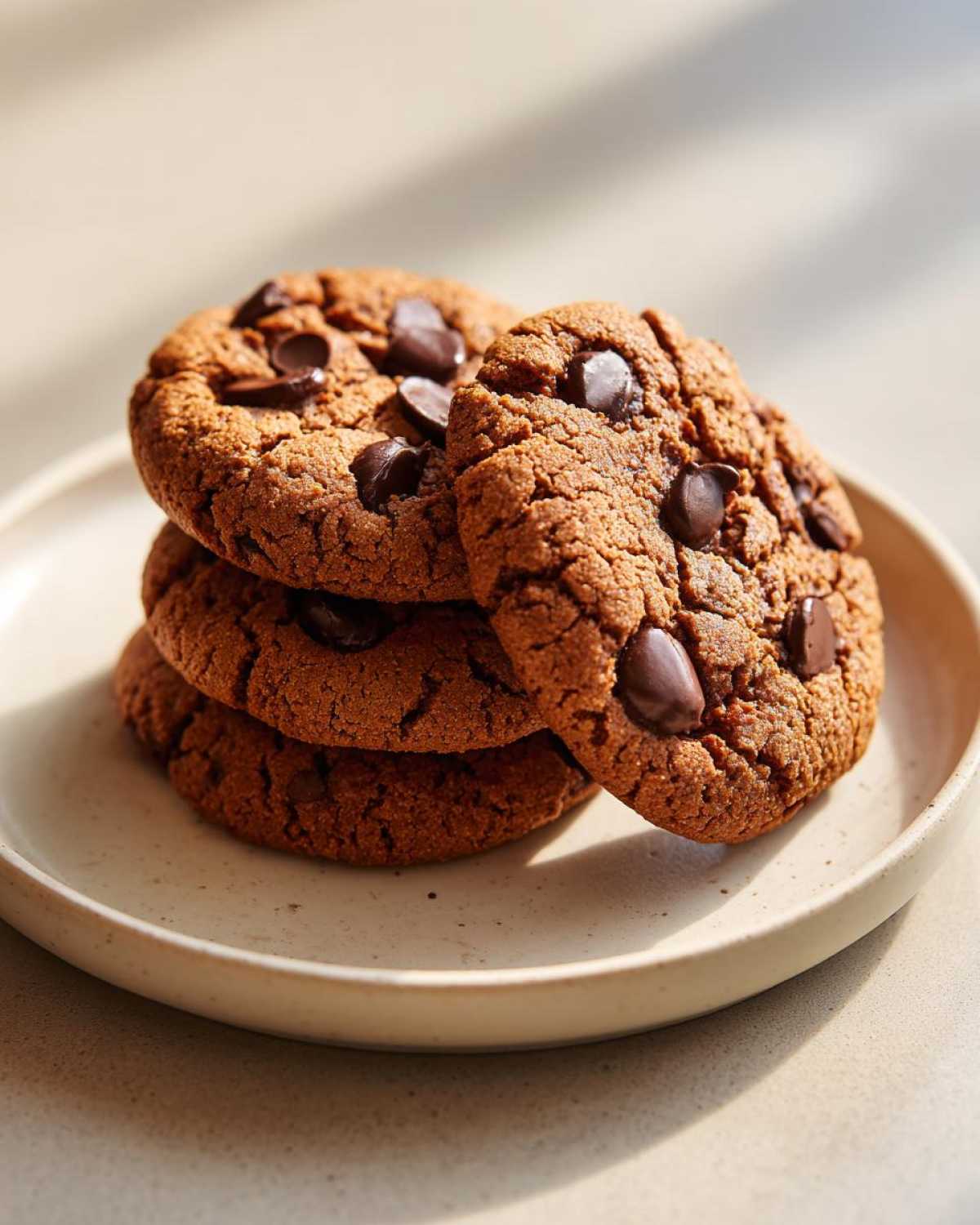 A stack of three rich, dark vegan chocolate chip cookies loaded with melted chips, resting on a light ceramic plate.