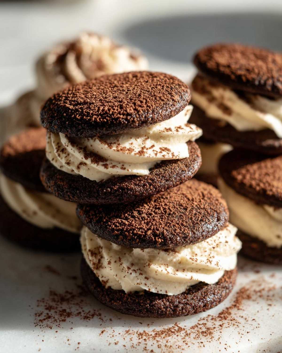 Close-up of stacked chocolate tiramisu cookies filled with creamy mascarpone filling and dusted heavily with cocoa powder.