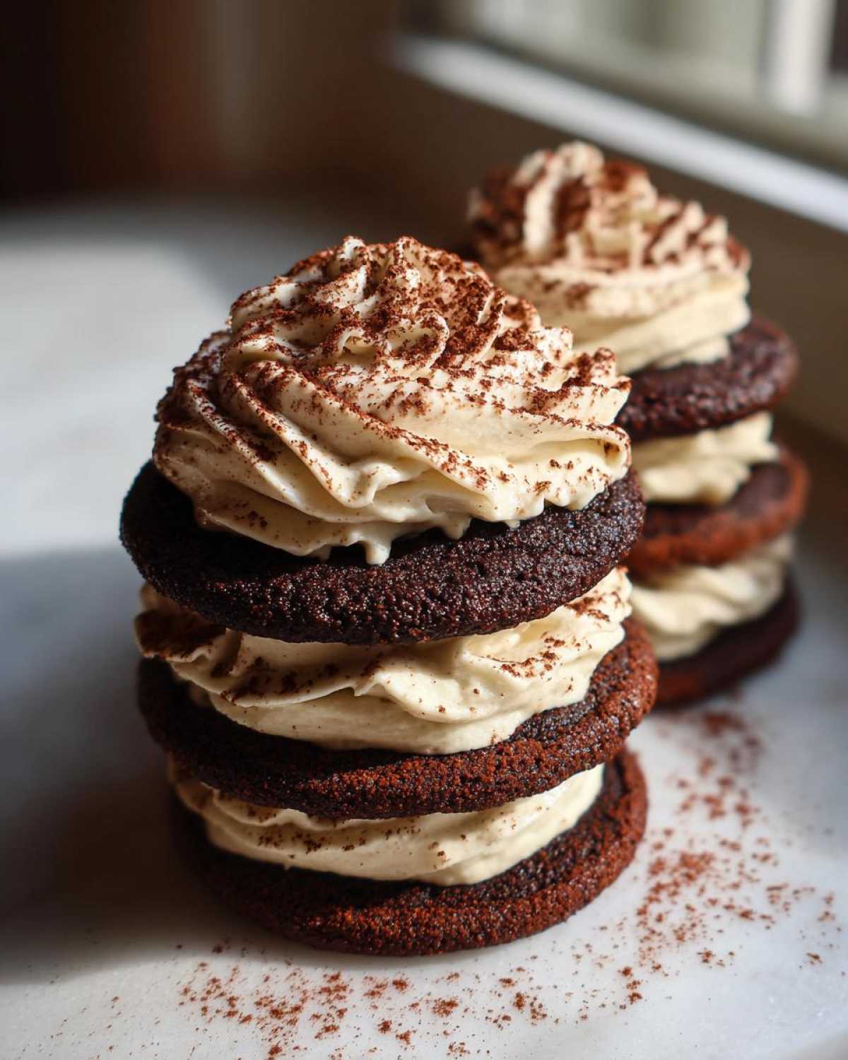 Close-up of stacked chocolate tiramisu cookies filled with piped cream and dusted with cocoa powder.